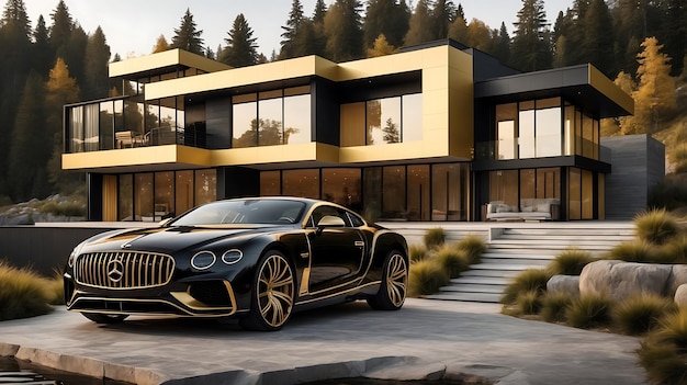 Black and golden luxury house with parked car