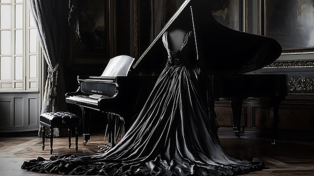 A black gown dramatically drapes over a grand piano in a dimly lit room