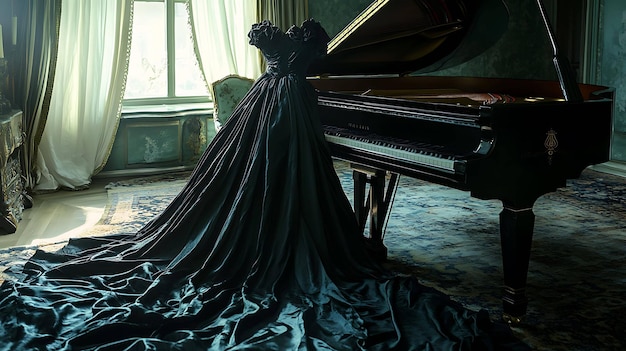 A black gown with a long train lies draped over a grand piano in a luxurious room