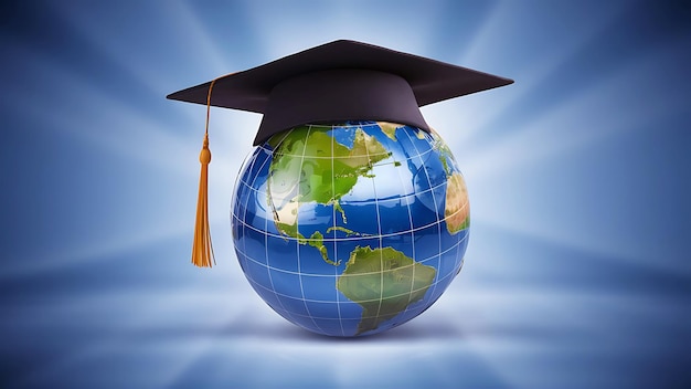 A black graduation cap sits atop the globe of Earth on a blue background