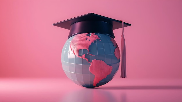 A black graduation cap sits atop the globe of Earth on a pink background