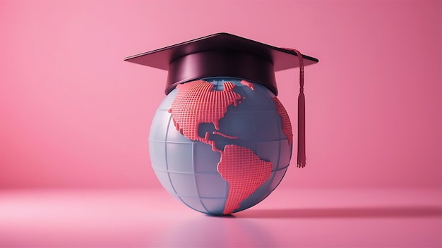 A black graduation cap sits atop the globe of Earth on a pink background