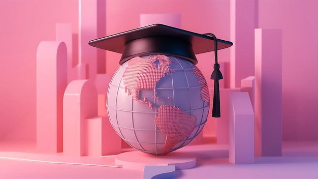 A black graduation cap sits atop the globe of Earth on a pink background