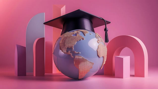 A black graduation cap sits atop the globe of Earth on a pink background