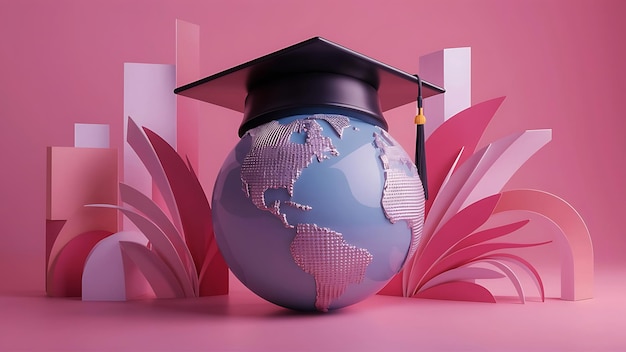 A black graduation cap sits atop the globe of Earth on a pink background