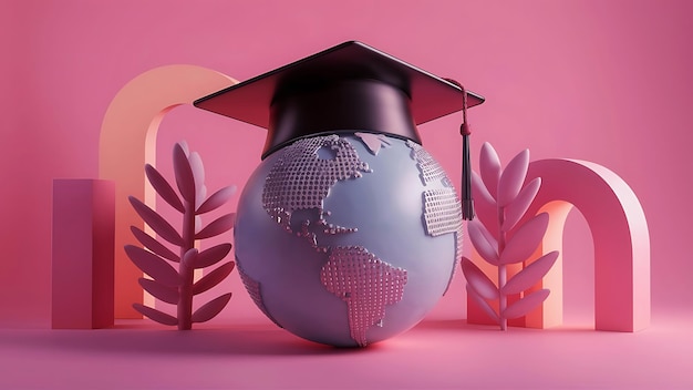 A black graduation cap sits atop the globe of Earth on a pink background