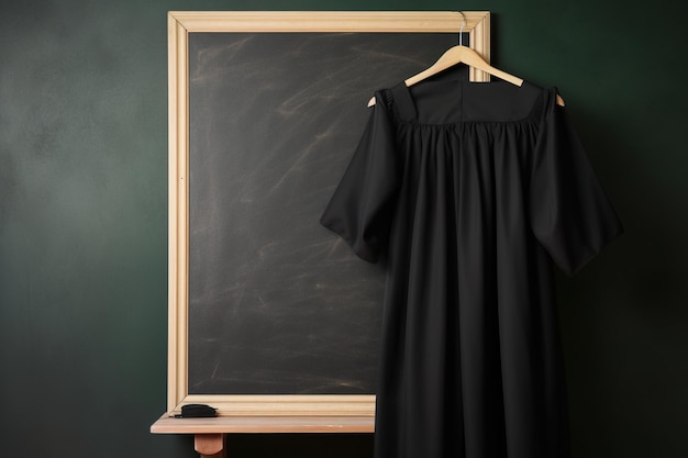 A black graduation gown hangs on a hanger and black chalkboard