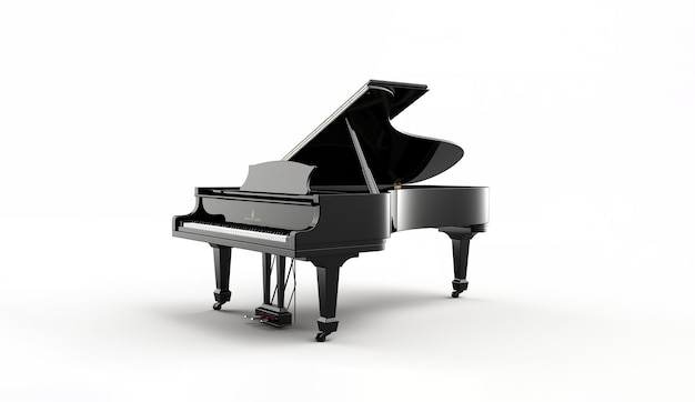 a black grand piano with a white background and a black piano in the corner