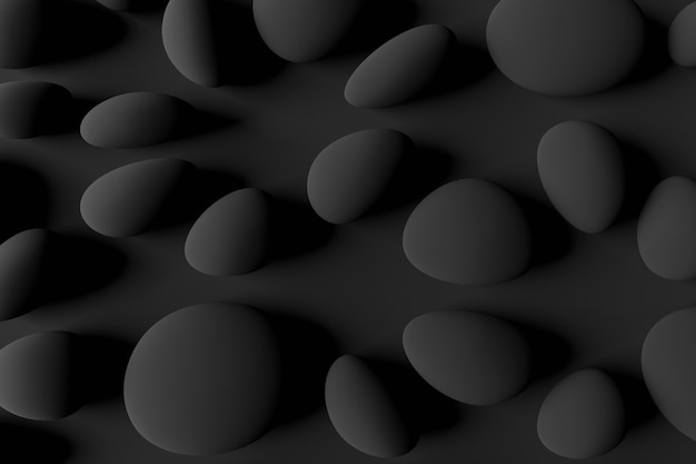 Black gravel on a black background. Minimalistic black 3D rendering.