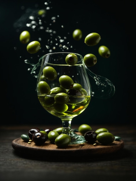 Black and green olives levitation in the air