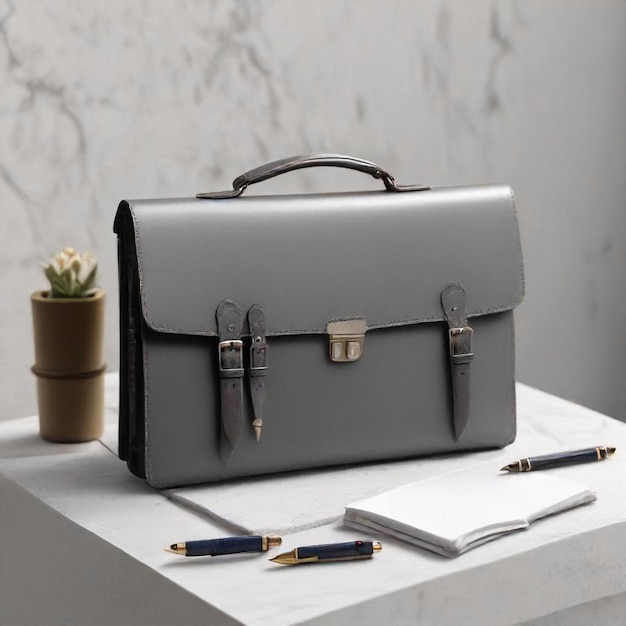 a black and grey briefcase with a pen on it sits on a table