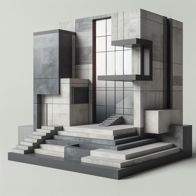 Photo a black and grey sculpture of a staircase with a window in the middle