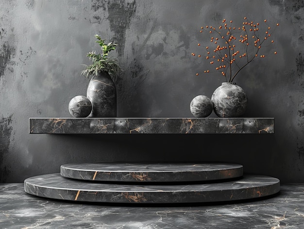 Photo a black and grey wall with a fountain and a plant in a vase