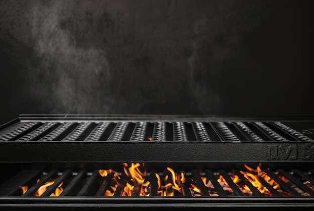 black grill grate with fire on a black background copy space