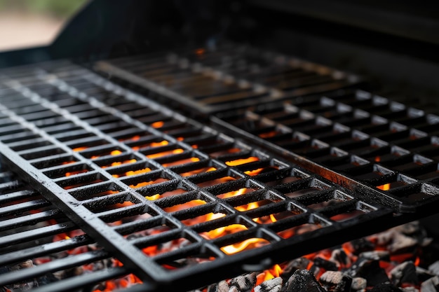 black grill grate with fire and coals closeup