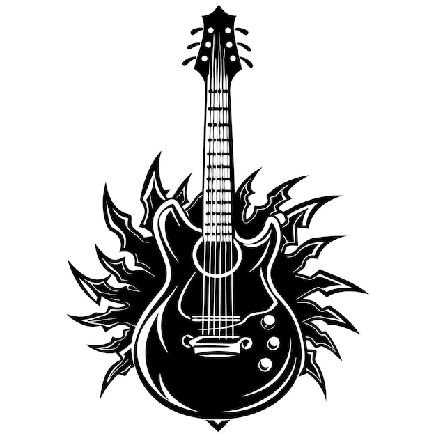 a black guitar with a flame design on it