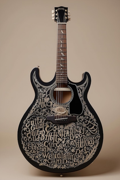 A black guitar with the word the word guitar on the bottom