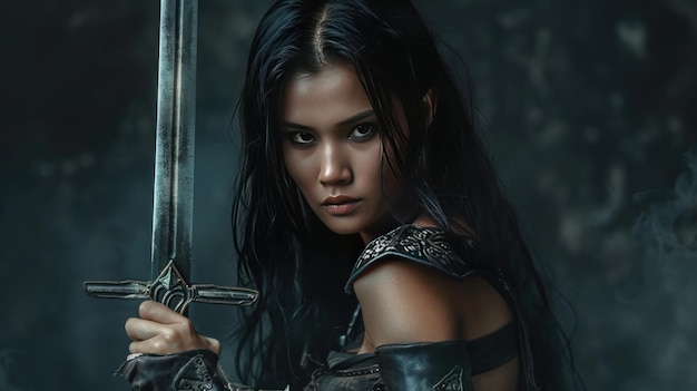 Black haired medieval warrior woman with sword ready to fight wallpaper AI generated image