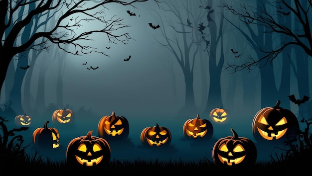 Black Halloween background with foggy forest and shadowy figures