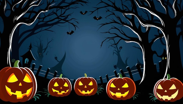 Black Halloween background with haunted trees and floating candles