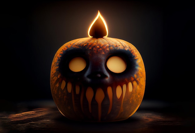 Black halloween pumpkin on black background. Rusty copper and iron gourd with candle light.