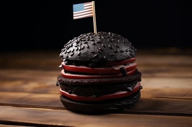 Black hamburger with american flag on wooden table