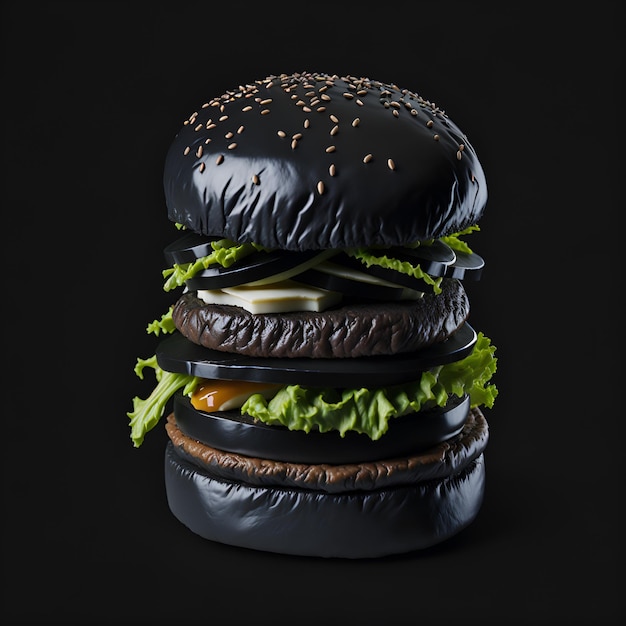 A black hamburger with a black bun and lettuce on it.