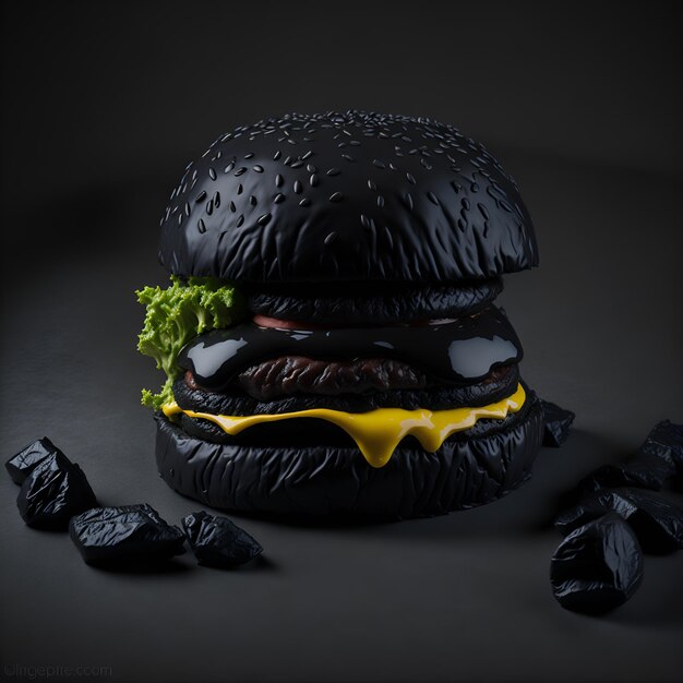 A black hamburger with a green leaf on it