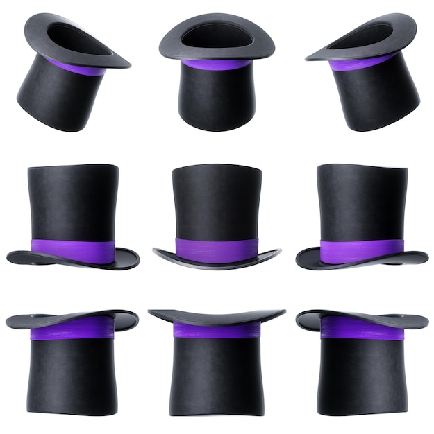 Black hat cylinder hat set isolate on white background 3D rendering 3d illustration