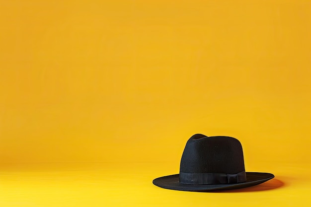 A black hat sits on a yellow background with a yellow background