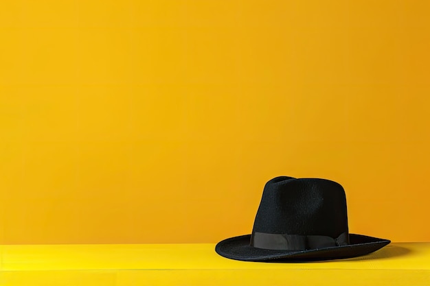 Photo a black hat sits on a yellow background with a yellow background