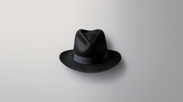 A black hat with a black band hangs on a white background.