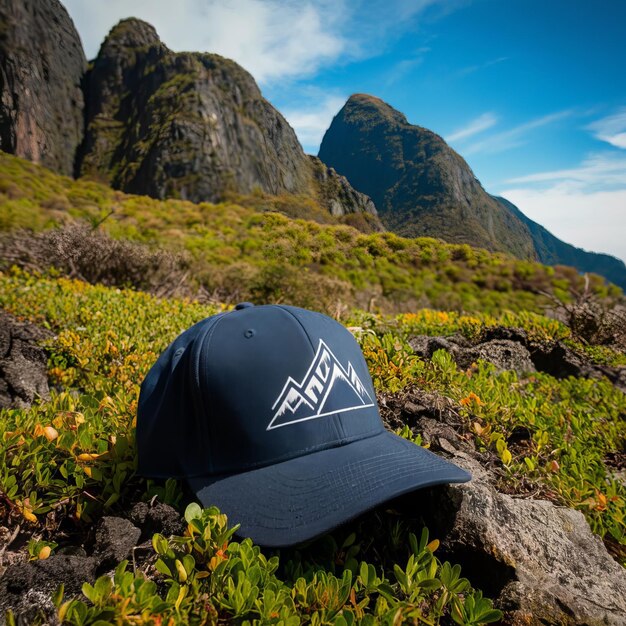 a black hat with a mountain in the background