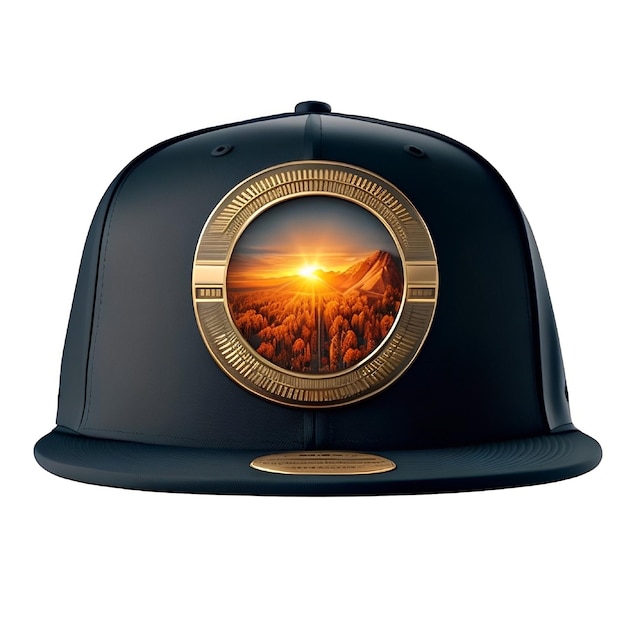 A black hat with a picture of a sunset on the top.