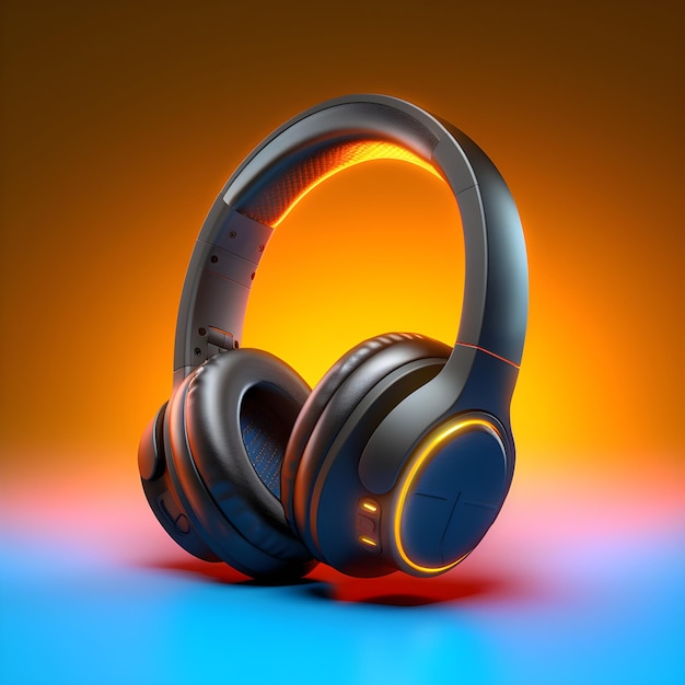 A black headphone with a glowing orange light on it.