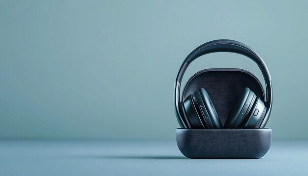 Photo black headphones in a case on a blue background