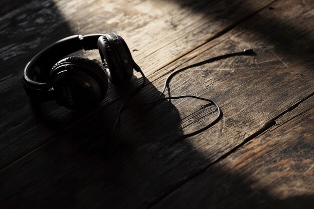 Photo black headphones on dark wooden surface with soft reflections stylish audio gear