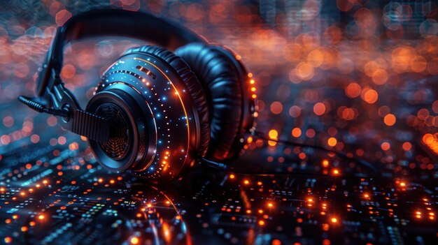 Photo black headphones with glowing lights on a circuit board background