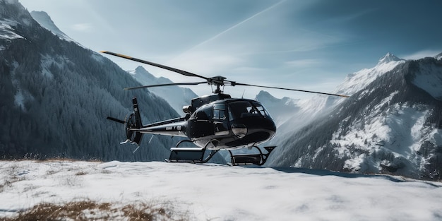 A black helicopter in winter mountains