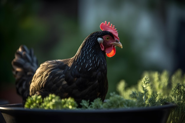 Black hen is sitting in the center perched on a basket