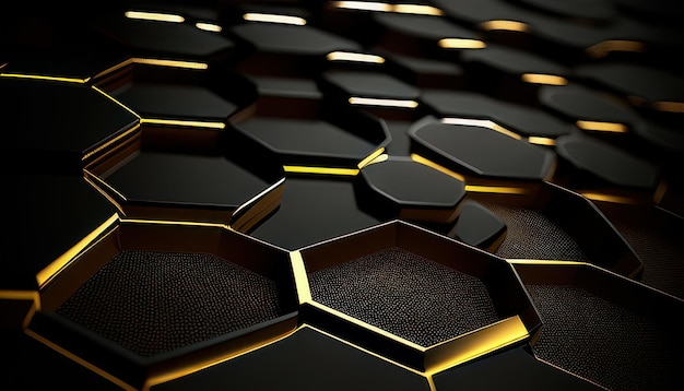 A black hexagon background with a gold border.