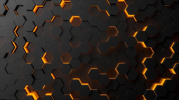 A black hexagon with orange light shining on it.