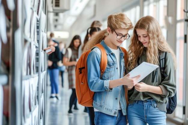 Photo black high school classmates going through lecture notes in hallway