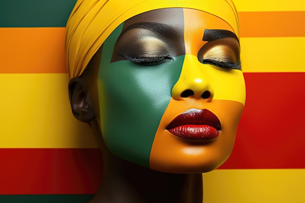 Black History Month concept Closeup of female face colorful makeup black red green and yellow palette