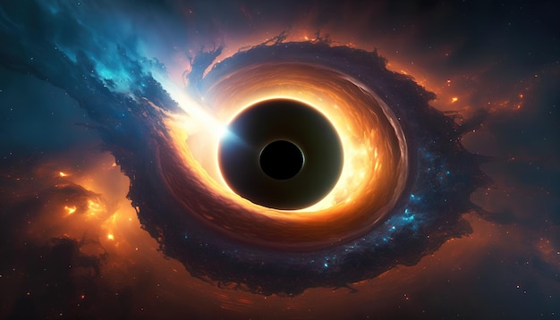 A black hole is surrounded by a nebula