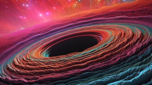 A black hole in space with a colorful background