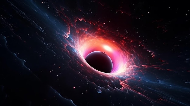 A black hole in space with a red glow and a black hole in the center.