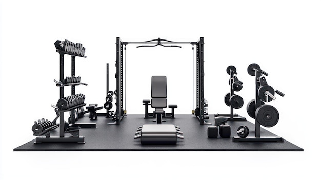 Black Home Gym with Weight Lifting Equipment and Mat