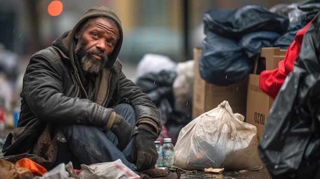 Black homeless garbage collector walking down the city street looking at the camera