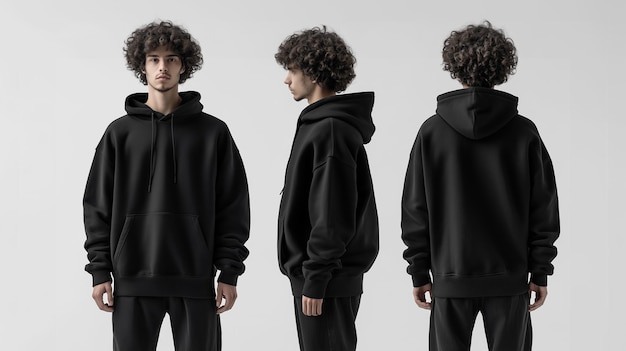 Photo black hoodie mock up template front and back views men wearing hoodie jacket